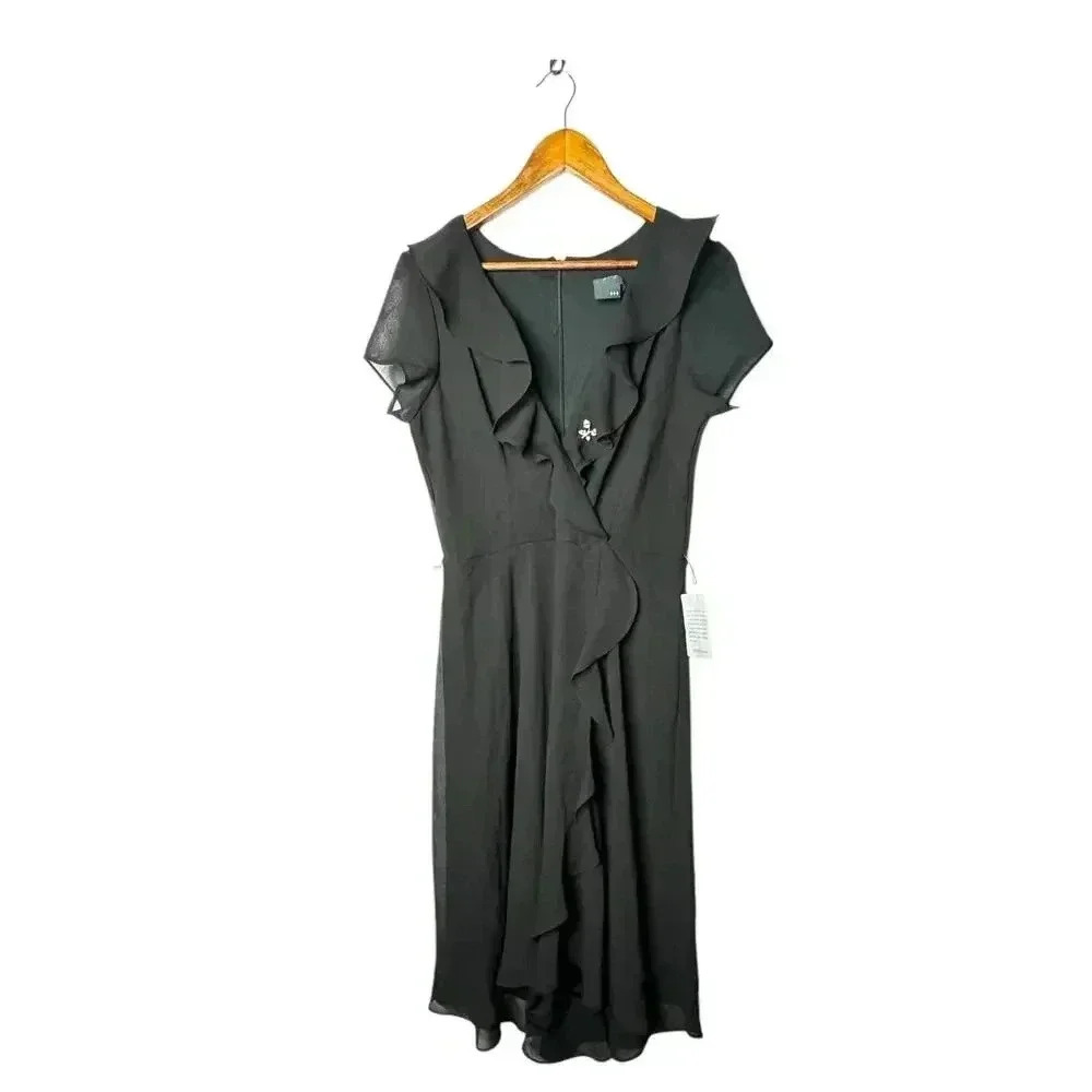 Gabby Skye Dress Cap Sleeve black Tie Waist Faux Wrap SZ 10β